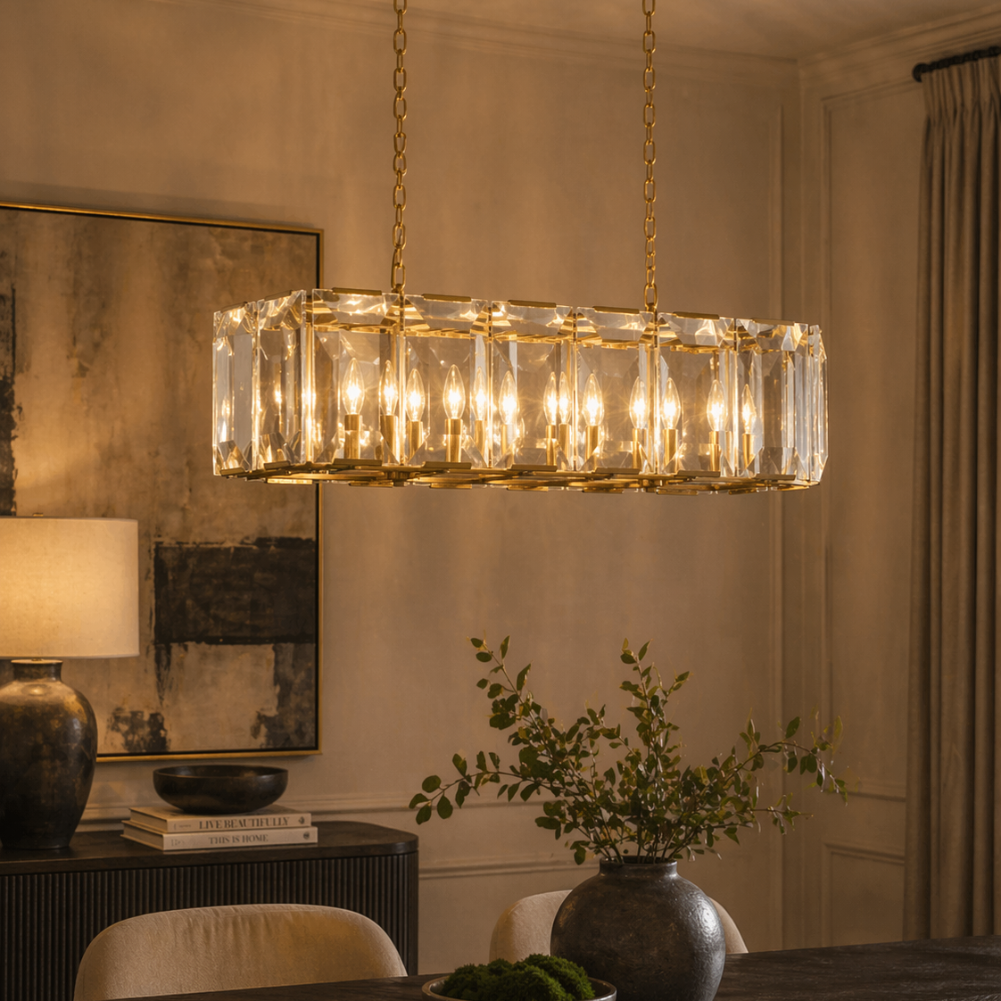 Eton Rectangular Crystal Chandelier with Brass Detail – Mindy